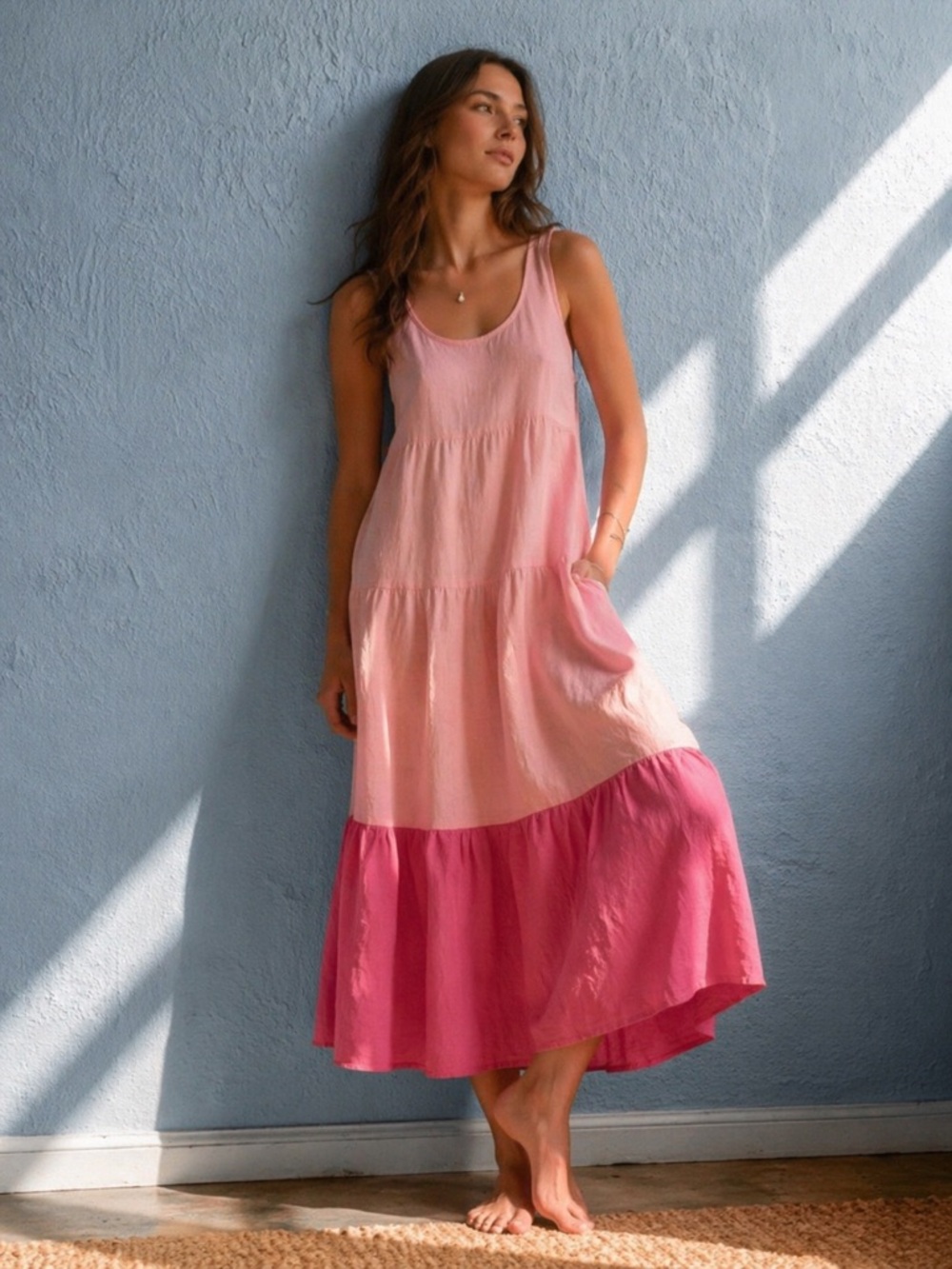 Hot Pink Tiered Maxi Dress Colorblock Spring Brunch Made in the USA by LOVE ADY